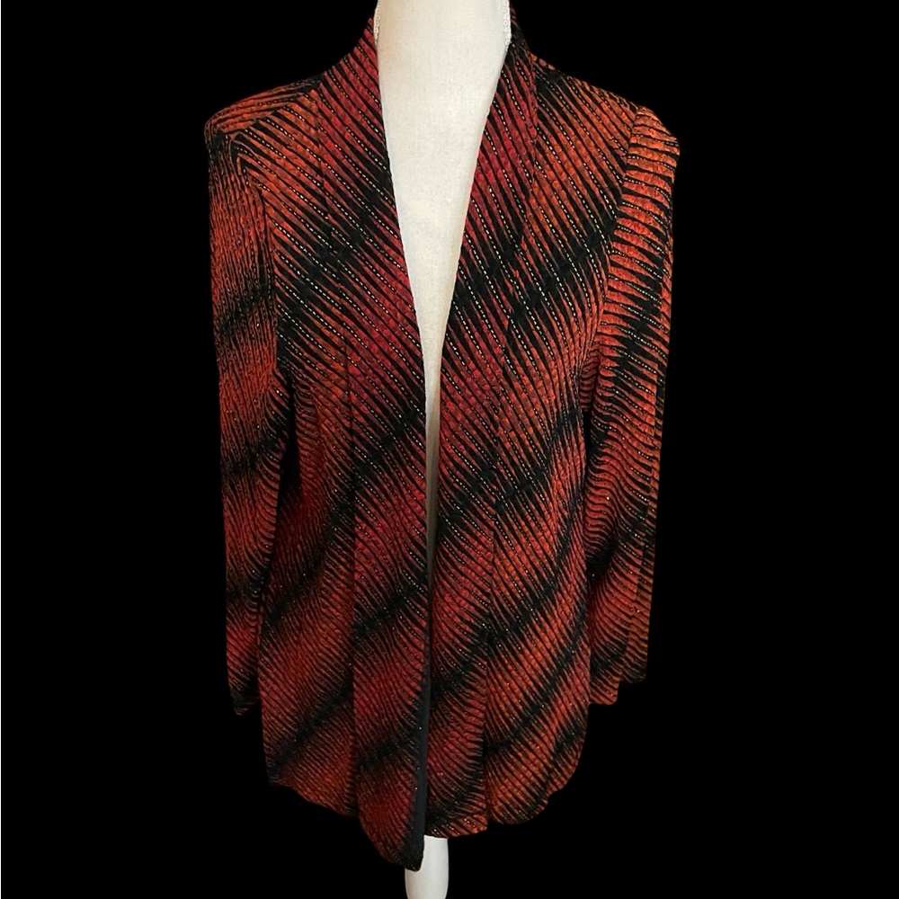 TanJay red orange black Jacket LARGE open front metallic gold stripes spandex - Picture 4 of 16
